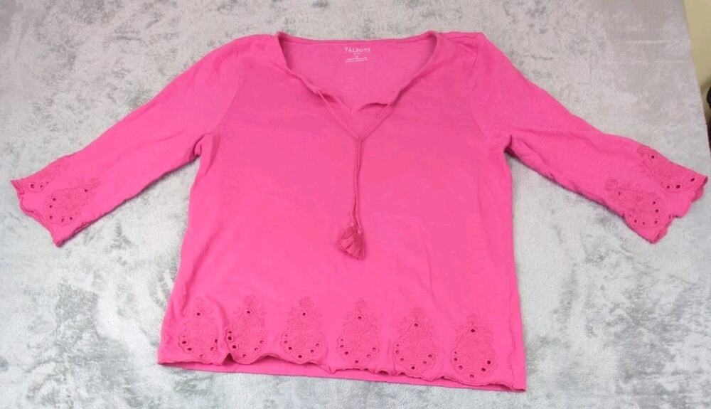 Talbots Petite Women's Pink Cotton Pullover Top 3/4 Sleeve Eyelet Scalloped LP